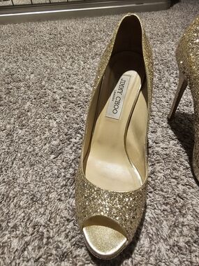 Jimmy Choo Gold Glitter Peep-Toe Pumps